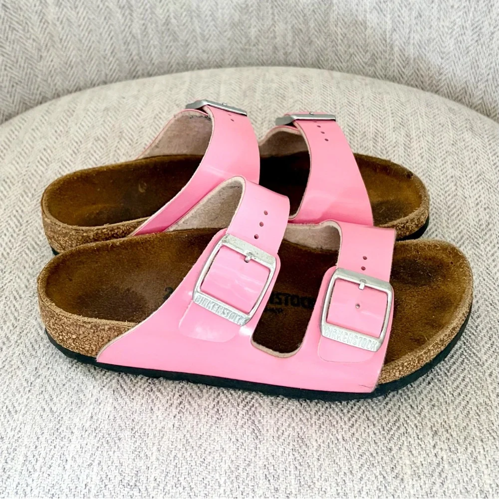 Birkenstock Pink Patent Arizona Two-Strap Sandals